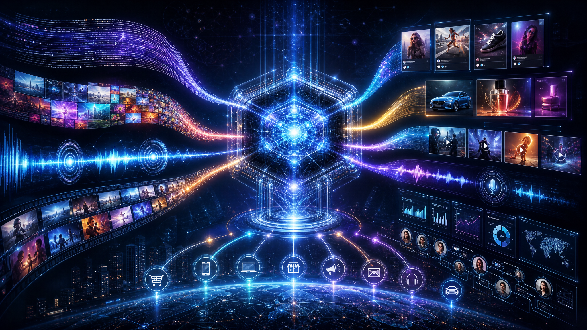 Multimodal AI system for marketing combining text image audio and video